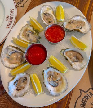 Fresh oysters on ice with lemon and cocktail sauce at Salumeria 104 Weston